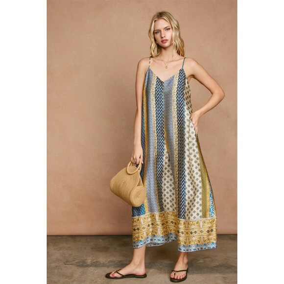 Boho Wide Leg Silky Satin Palazzo Jumpsuit M Multicolor Hippie Gypsy - Picture 5 of 16